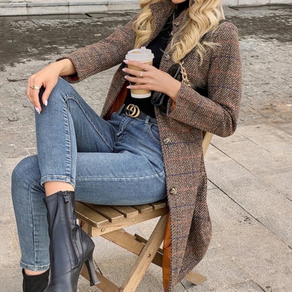 Cozy Plaid Brown Trench Pea Coat Jacket